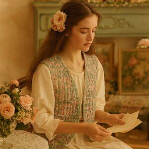 Handmade Patchwork Ribbon Vest Womens Sz M VTG Floral Pastel Green Pink Cottage